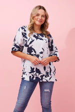 Load image into Gallery viewer, Navy and White Floral Linen Top
