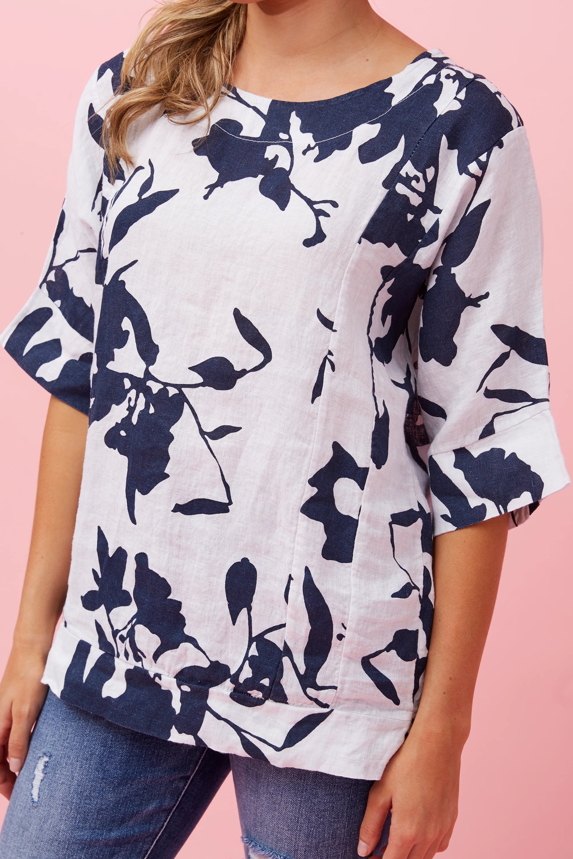 Navy and White Floral Linen Top